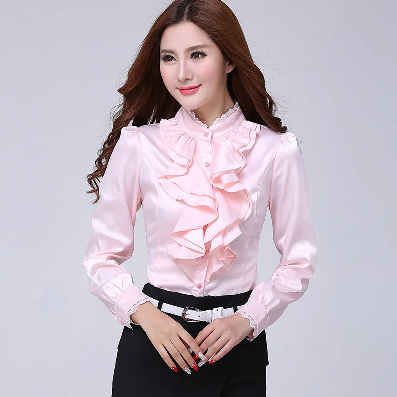 Blusa camisa Moda Feminina Blusas Rosa Camisas Casuais Elegantes Gola Babada Branca Escritório Roupas Femininas Primavera Tops 2022 Novo