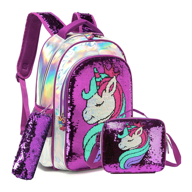 BIKAB Unicórnio Mochila Escolar Dupla Face Lantejoulas Mochila Leve Kawaii Mochila Menina Material Escolar para Meninas