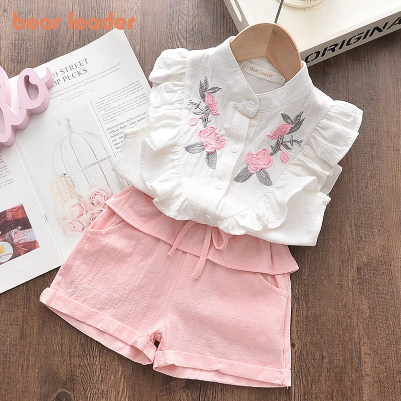 Bear Leader Conjunto de roupas para meninas 2023 Verão Novo Casual Infantil Bordado Sem Mangas Camisa + Shorts Conjunto Meninas Roupas de Bebê