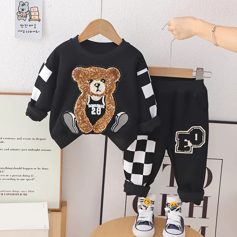 Conjunto de roupas bordadas para bebês, primavera, meninos  esportes, desenho animado, urso, moletom, blusa e calça, parte inferior, terno de algodão, agasalho