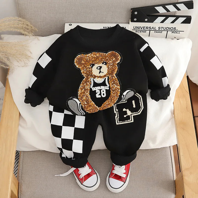 Conjunto de roupas bordadas para bebês, primavera, meninos  esportes, desenho animado, urso, moletom, blusa e calça, parte inferior, terno de algodão, agasalho