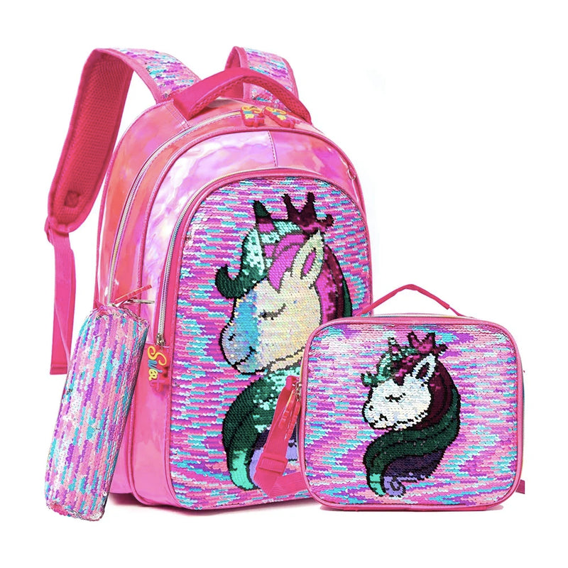 BIKAB Unicórnio Mochila Escolar Dupla Face Lantejoulas Mochila Leve Kawaii Mochila Menina Material Escolar para Meninas