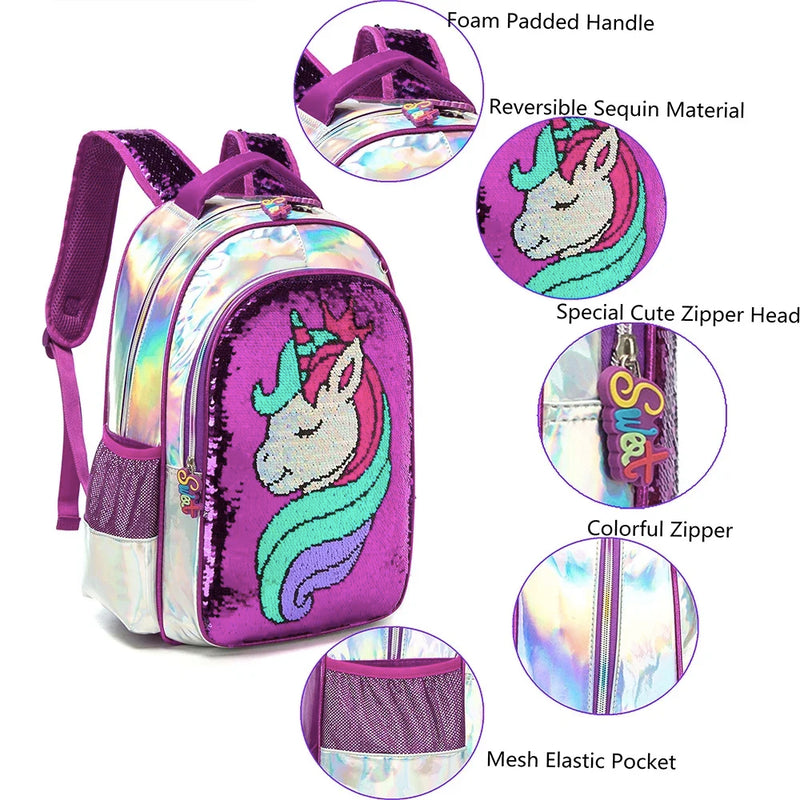 BIKAB Unicórnio Mochila Escolar Dupla Face Lantejoulas Mochila Leve Kawaii Mochila Menina Material Escolar para Meninas