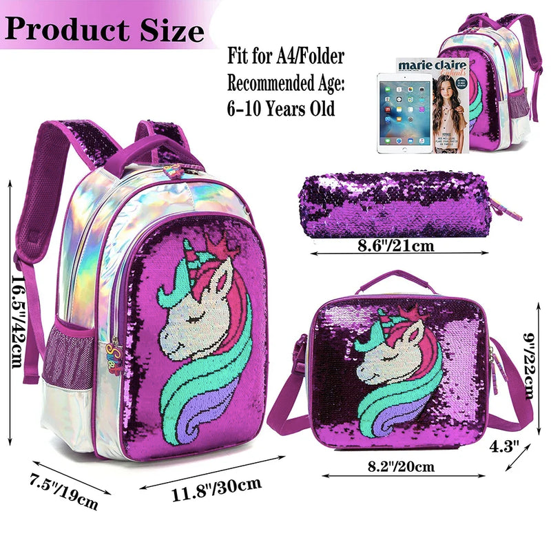 BIKAB Unicórnio Mochila Escolar Dupla Face Lantejoulas Mochila Leve Kawaii Mochila Menina Material Escolar para Meninas