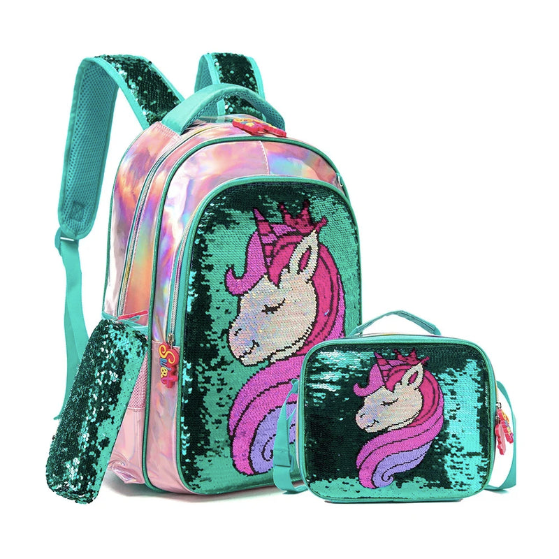 BIKAB Unicórnio Mochila Escolar Dupla Face Lantejoulas Mochila Leve Kawaii Mochila Menina Material Escolar para Meninas